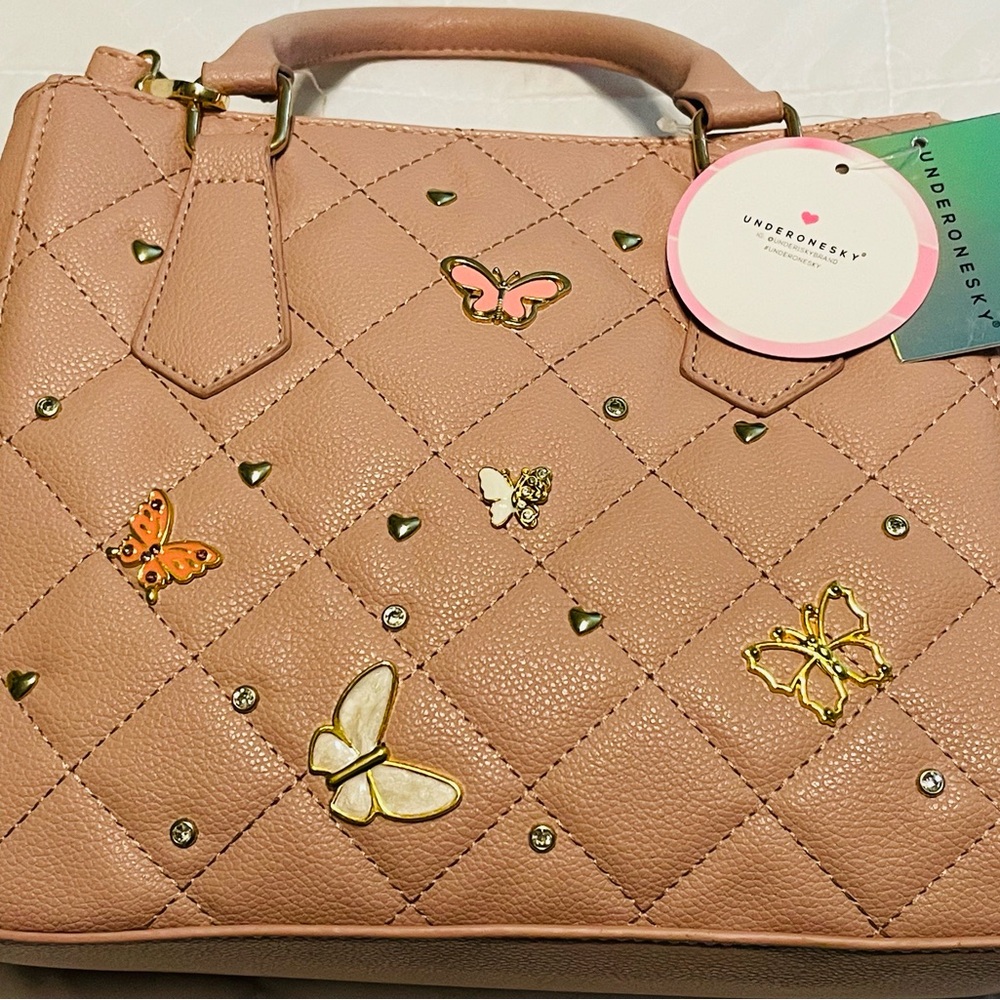 Under One Sky Pink Quilted Satchel with Butterfly Embellishments